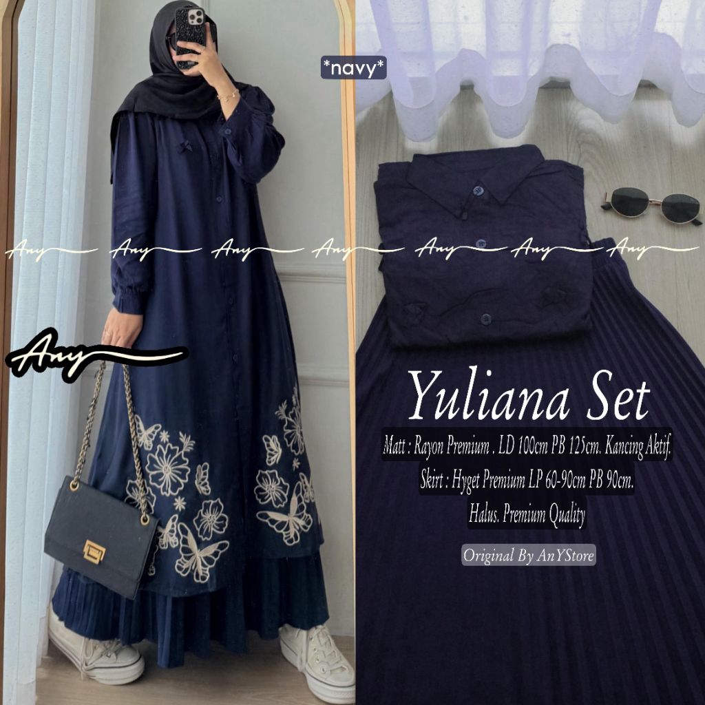Yuliana Set Wanita Muslimah Setelan Tunik dan Rok Plisket Bordir Premium Lengan Panjang
