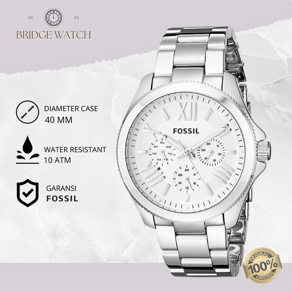 Jam Tangan Wanita Fossil AM4509 Cecile Chronograph Silver Stainless Steel Strap Rantai Mewah Casual 