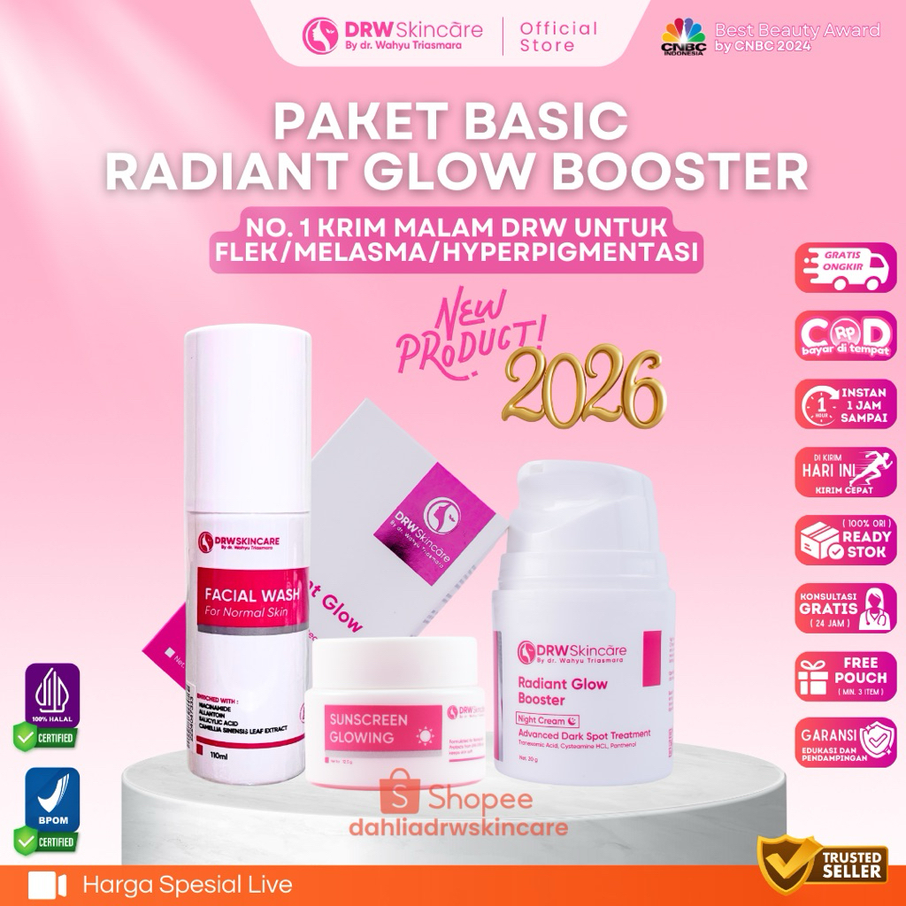 DRW Skincare Paket Radiant Glow Booster 30g Free Pouch Cantik - Cysteamine Bisabolol Phantenol Vitam