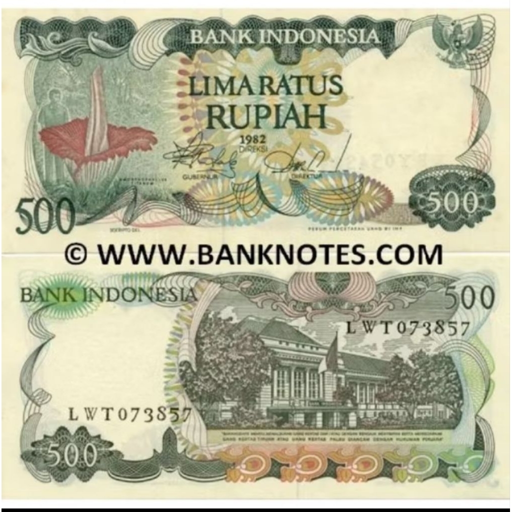 Souvenir uang kuno 500 bunga bangkai tahun 1982 asli bekas edar