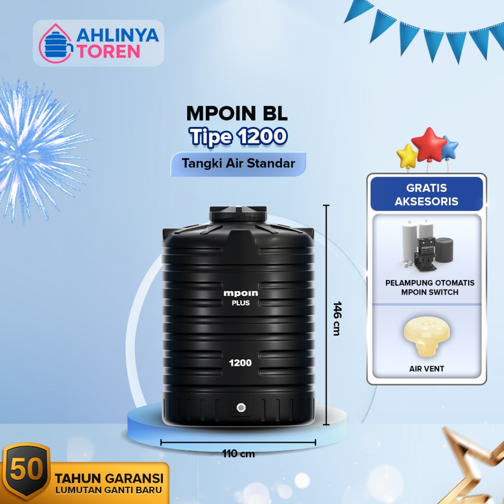 Tangki Air Toren MPOIN 1200 Hitam Tangki Air Anti Virus & Lumut / MPOIN 1200L Garansi 50th