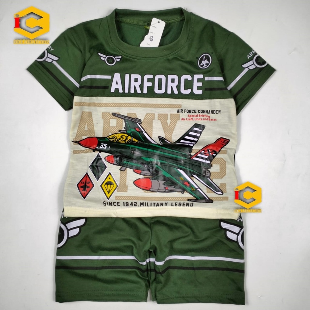 Setelan Baju Anak Air Force Army | Kaos + Celana Anak Laki-Laki | Motif Pesawat Tempur Keren
