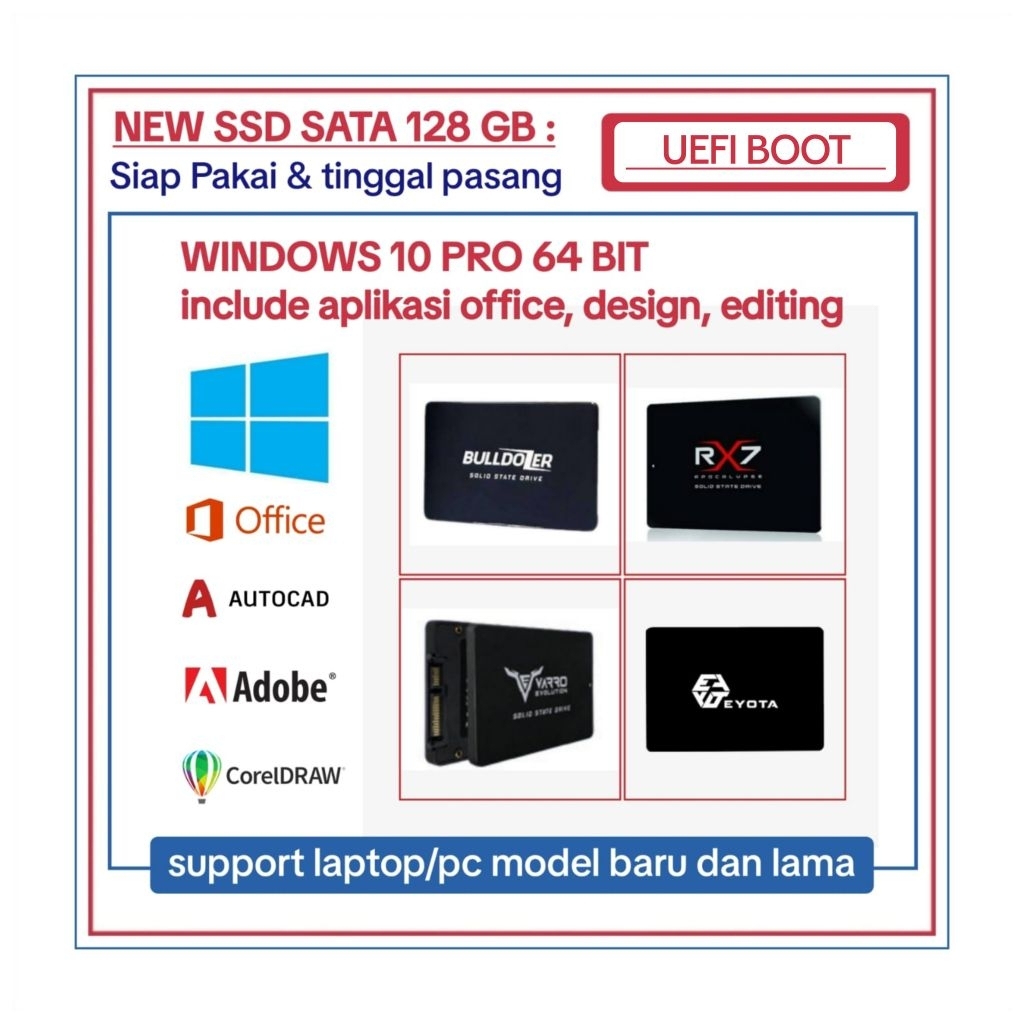 SIAP PAKAI | NEW SSD SATA 128GB WINDOWS 10 & APLIKASI | BOOT UEFI [GPT]