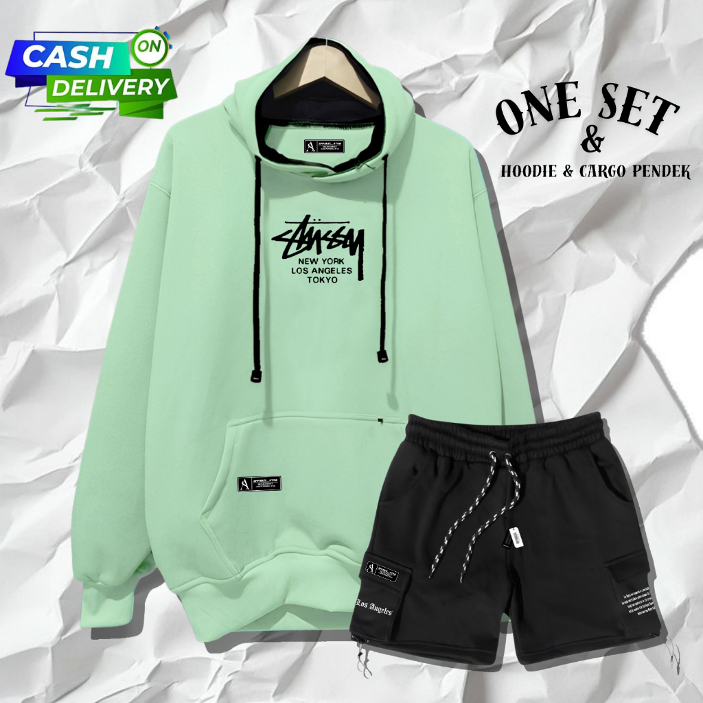 Stussy Stelan Oneset Hoodie Celana Pendek Pria Wanita Distro Stelan Sweater Celana Cargo Bahan Fleec