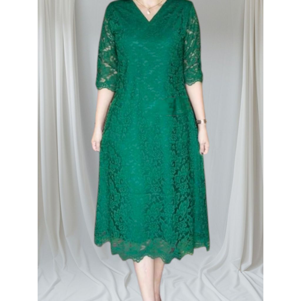 Dress Brokat Wanita Leher V Gratis Bros Mewah Size Kecil , Standar , Jumbo / Dres Premium brokat wan