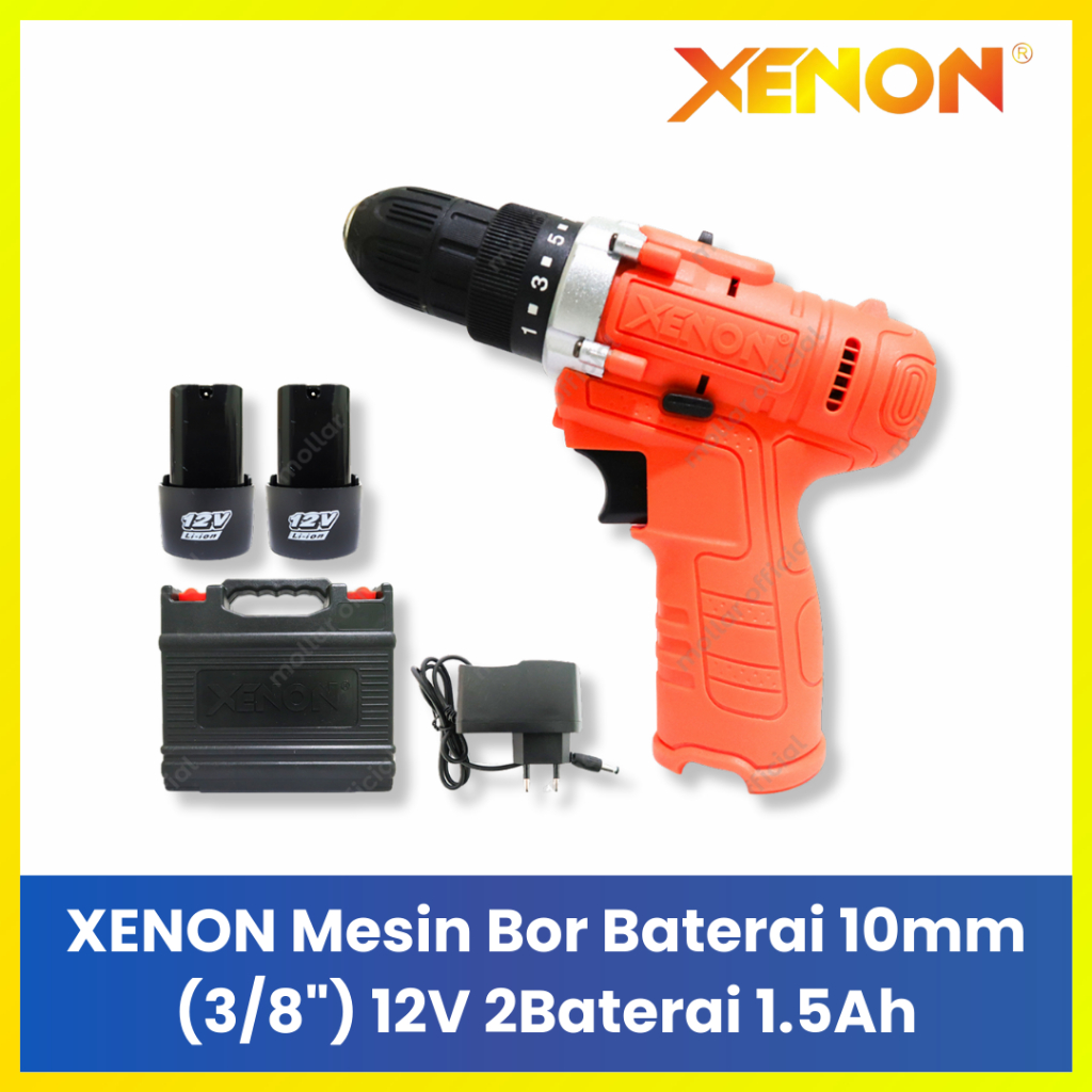 XENON Bor Cas 12V 10mm XN-CDD500 Mesin Bor Tanpa Kabel Set 2 Battery 1500mAh