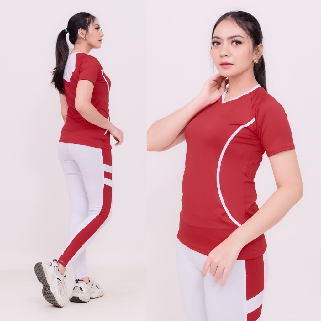 Baju setelan olahraga senam wanita senam zumba aerobic model merah putih