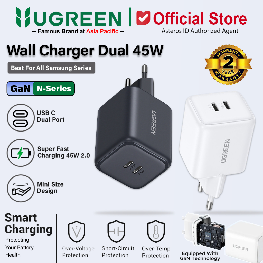 UGREEN Kepala Charger Dual Port Type C GaN N 45W Samsung Super Fast Charging 2.0 45w