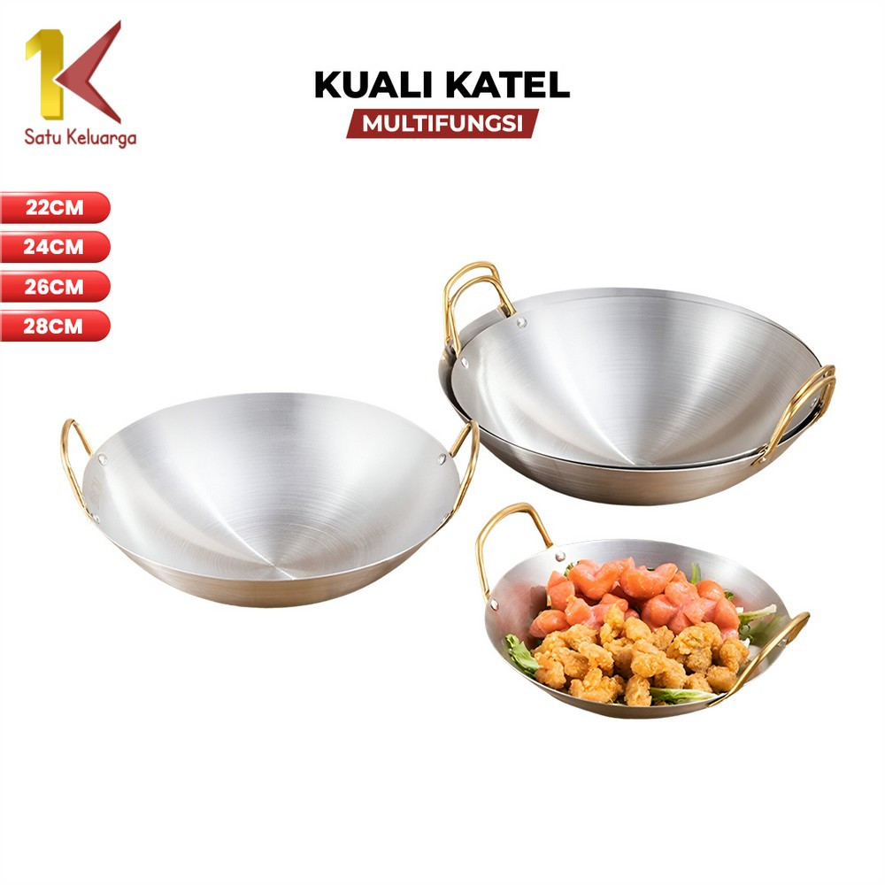 Satu Keluarga Wajan Stainless Steel C1212 Tebal Kuat Gagang Gold Anti Lengket Serbaguna Premium Qual