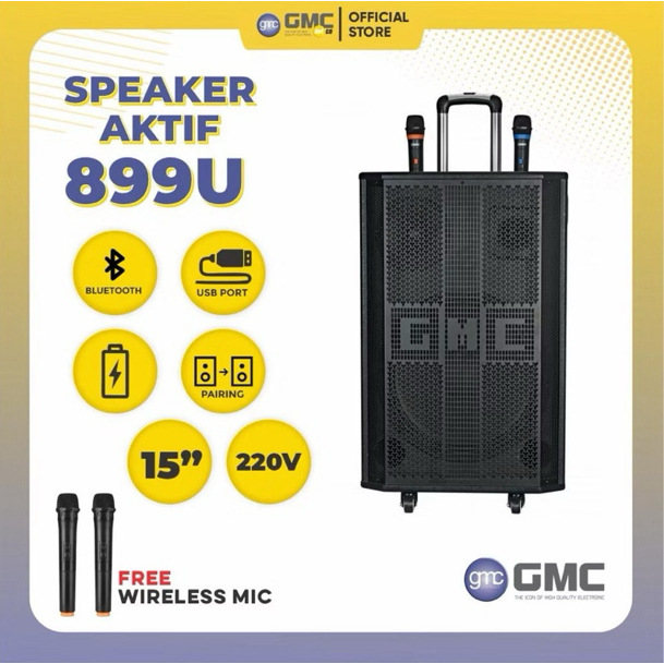SPEAKER PORTABLE BLUETOOTH GMC 899U 899 U 15IN 15inch MULTIMEDIA BONUS 2 MIC WIRELESS AMPLIMEETING