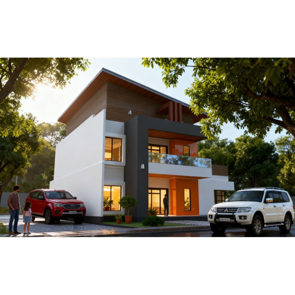 Desain rumah modern minimalis 15x16, 2 lantai, 7 kamar. Gambar desain lengkap ( 3D+gbr.kerja)