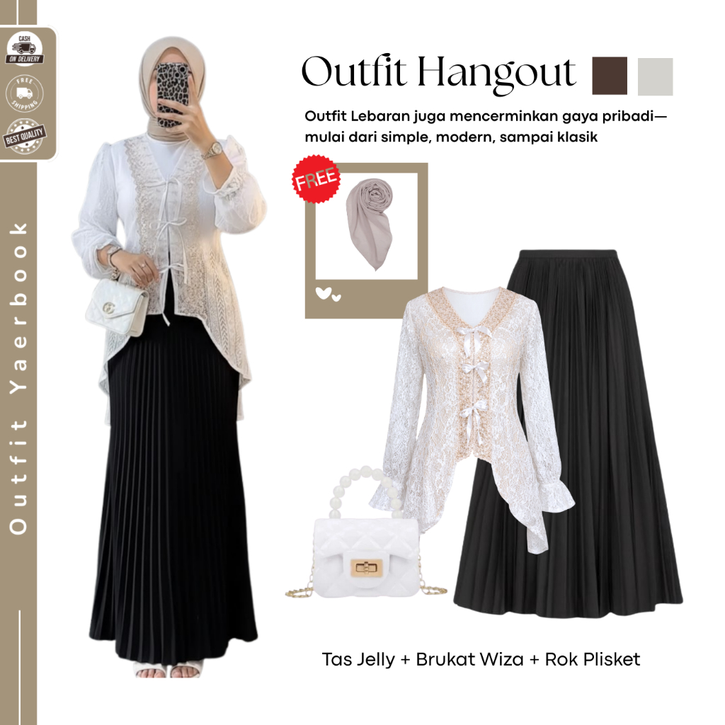 Jasmin  4in1 Set Outfit Kondangan One Set Wanita Hijab ( Tas Mini + Brukat Putih + Rok Plisket ) Bru