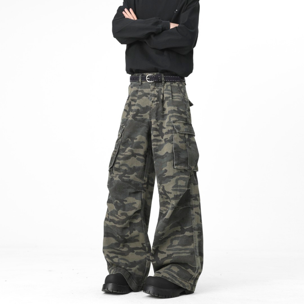 FABBT Celana Jeans Camo Pria Bulu Dalam | Highstreet Vintage Pleated Loose Wide Leg Slight Flare
