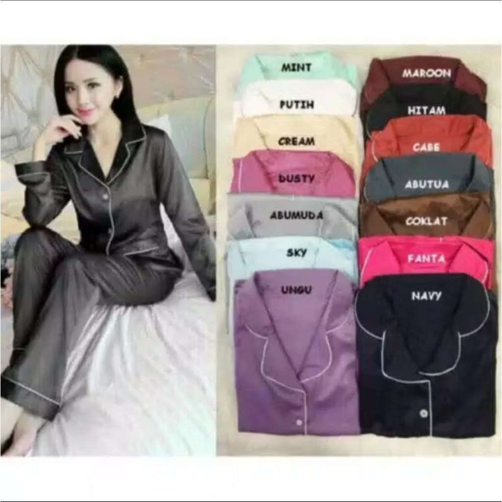 PIYAMA SATIN SET KERAH KEKINIAN | BAJU TANGAN PANJANG CELANA PANJANG | SETELAN PIYAMA SATIN