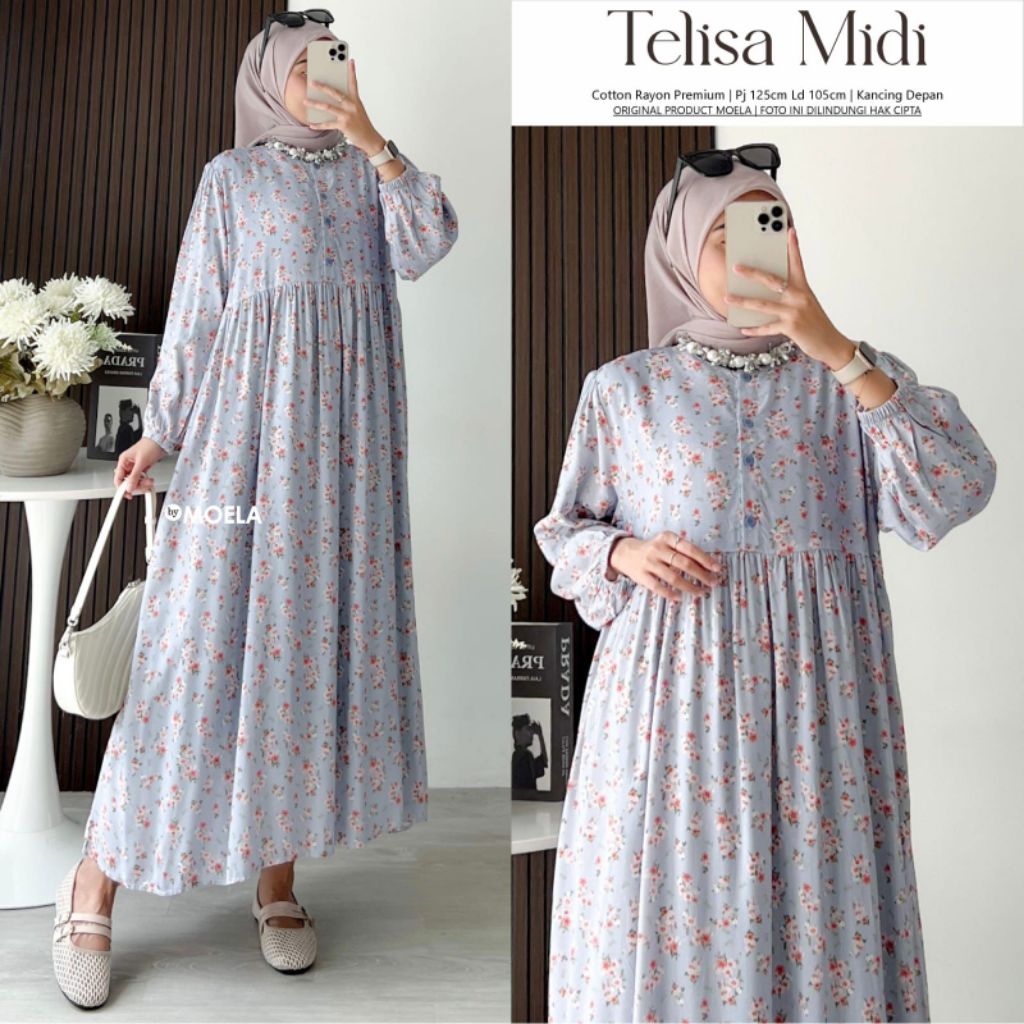 Gamis Midi dress busui motif kombinasi premium Brand Moela