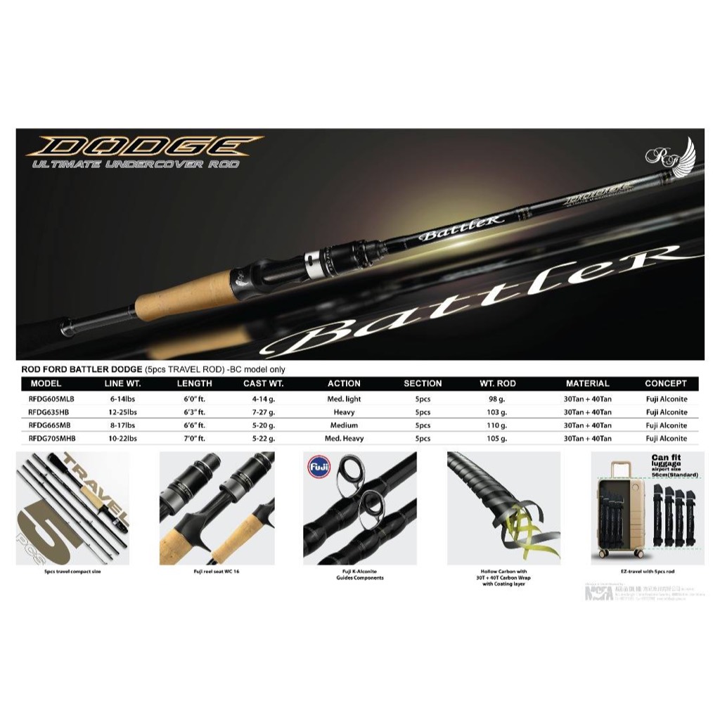 Rodford Battler Dodge 5 pcs Travel Baitcasting Rod - Joran Carbon Mancing Gabus Toman Fuji Alconite