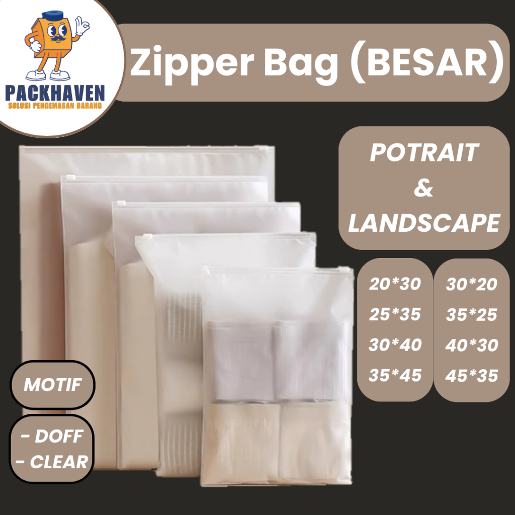 [UKURAN BESAR] Zipper Bag PackHaven Potrait & Landscape / Buram & Bening Tas Resleting Doff / Clear 