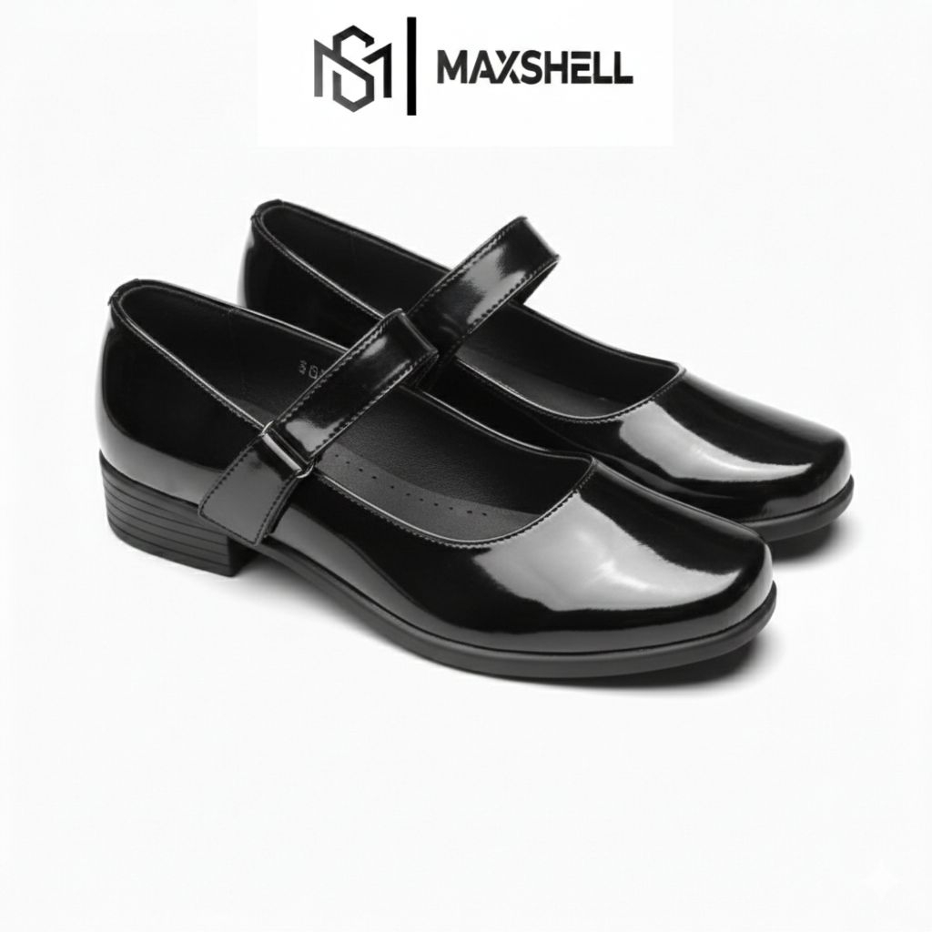 MAXSHELL - Sepatu Pantofel Paskibra Glossy Sepatu Sekolah Wanita Hak 3cm Sepatu Formal Tali Perekat 