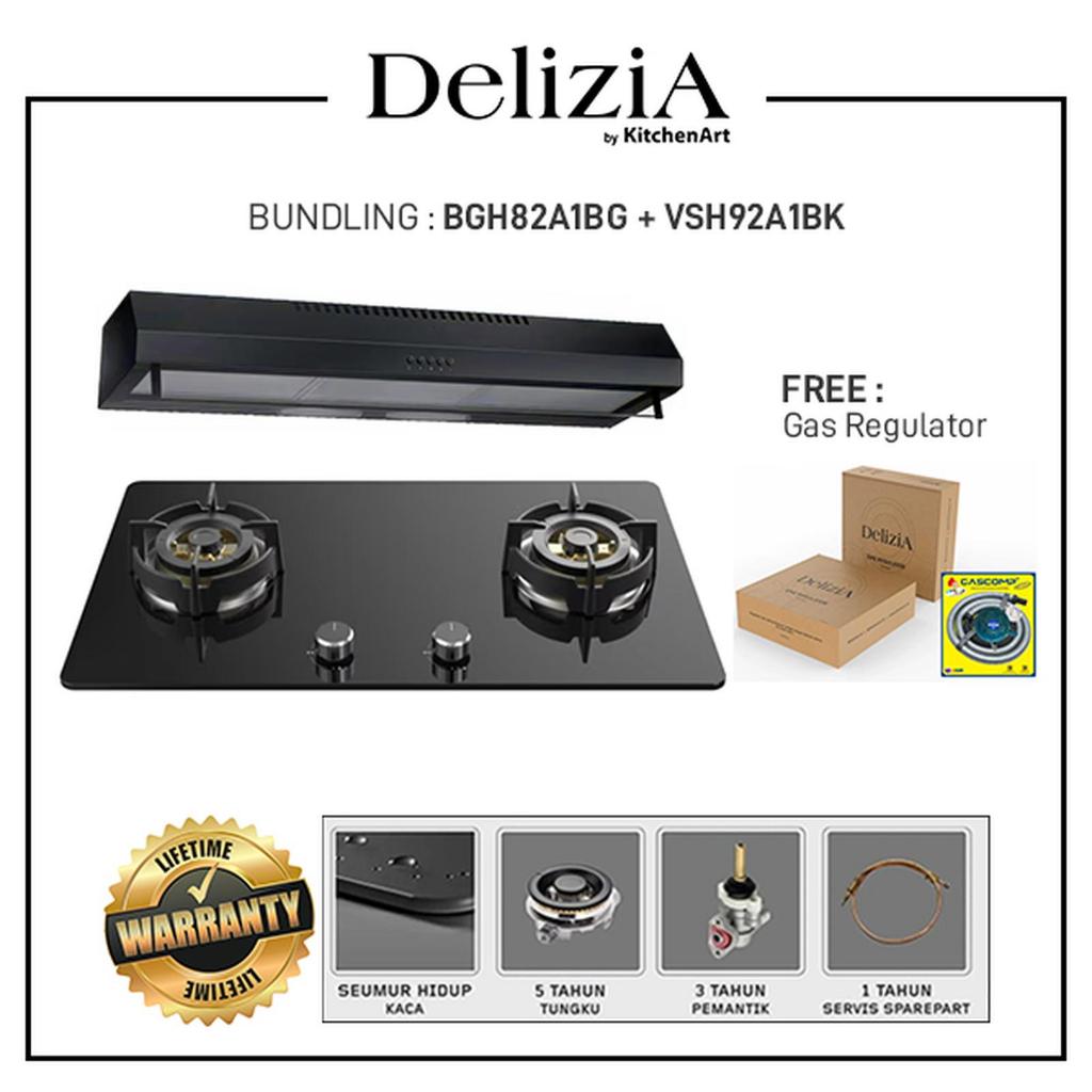 PAKET BUNDLING - Delizia kompor tanam gas 2 tungku 76cm BGH82.A1BG + Hood VSH92A1BK + Free Regulator