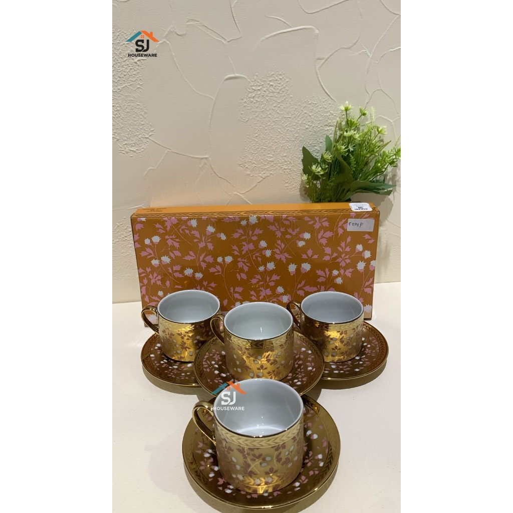 TEA SET NAKAMI E224-RED 8 PCS 4+4 ( CANGKIR, LEPEK ) 200ML BAHAN KERAMIK DESAIN ELEGANT