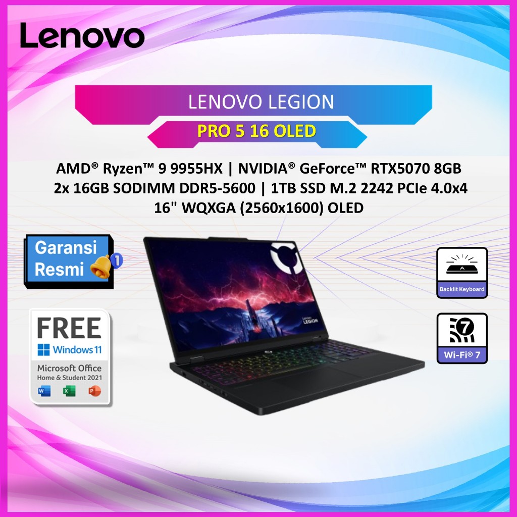 LAPTOP LENOVO LEGION PRO 5 16 OLED RYZEN 9 9955HX RTX5070 8GB/ 32GB 1TB 16.0WQXGA 165HZ