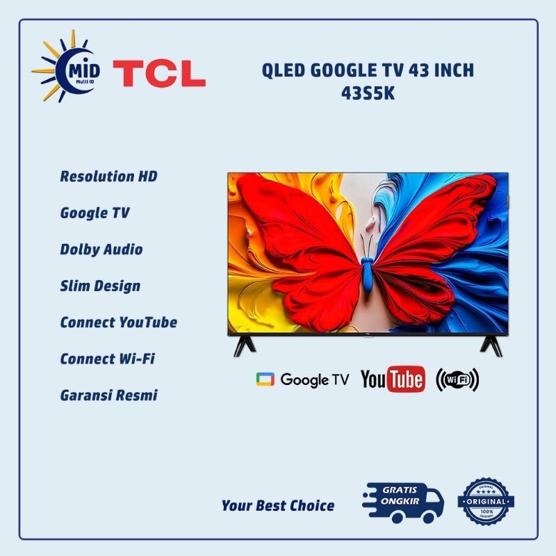 TCL QLED 43 Inch Google TV 43S5K | TCL 43 Inch Google TV | QLED TV TCL Garansi Resmi | Dolby Audio |