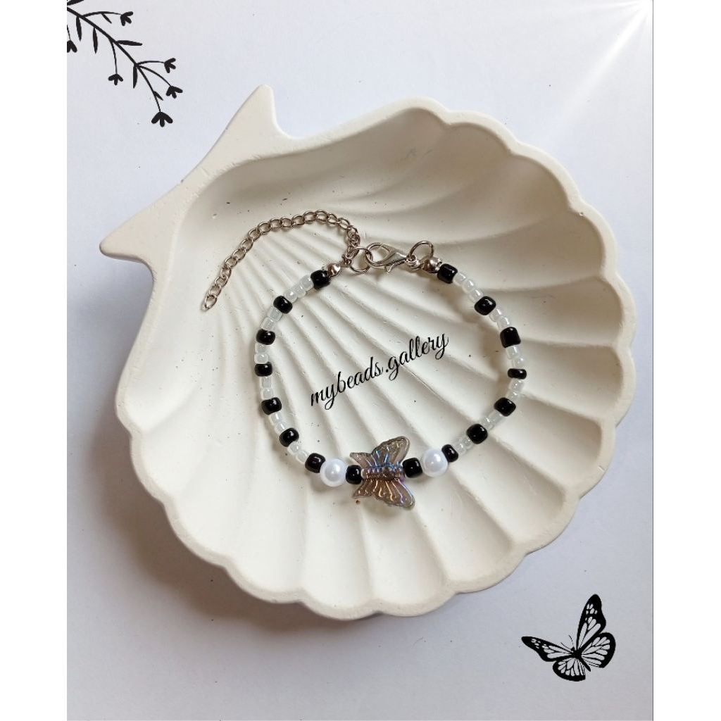 Gelang Manik Rantai Kupu Hitam / Gelang Manik Kupu Hitam Mutiara / Gelang Manik Kupu Kupu Mutiara As