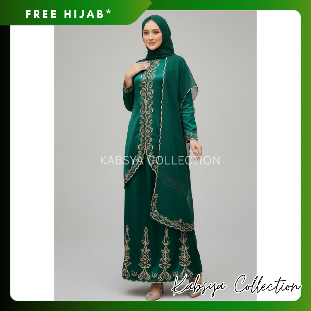 INSTANT COD - Setelan Kebaya Kurung KHARISMA Dan Selendang Organza – Set Baju Kurung Full Bordir Pel