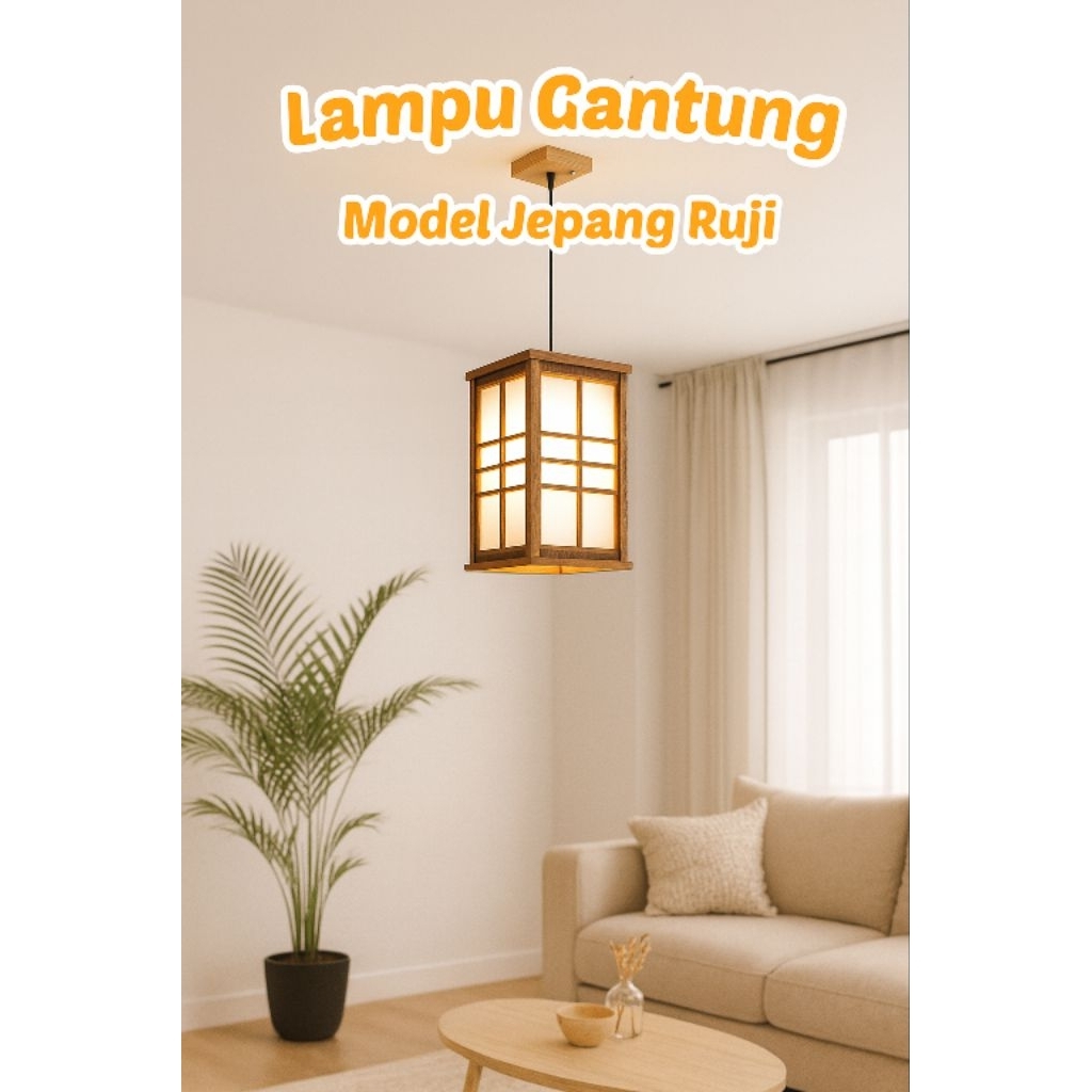 Kap lampu gantung model shoji jepang minimalis dari kayu pilihan bonus lampu kabel dan fitting