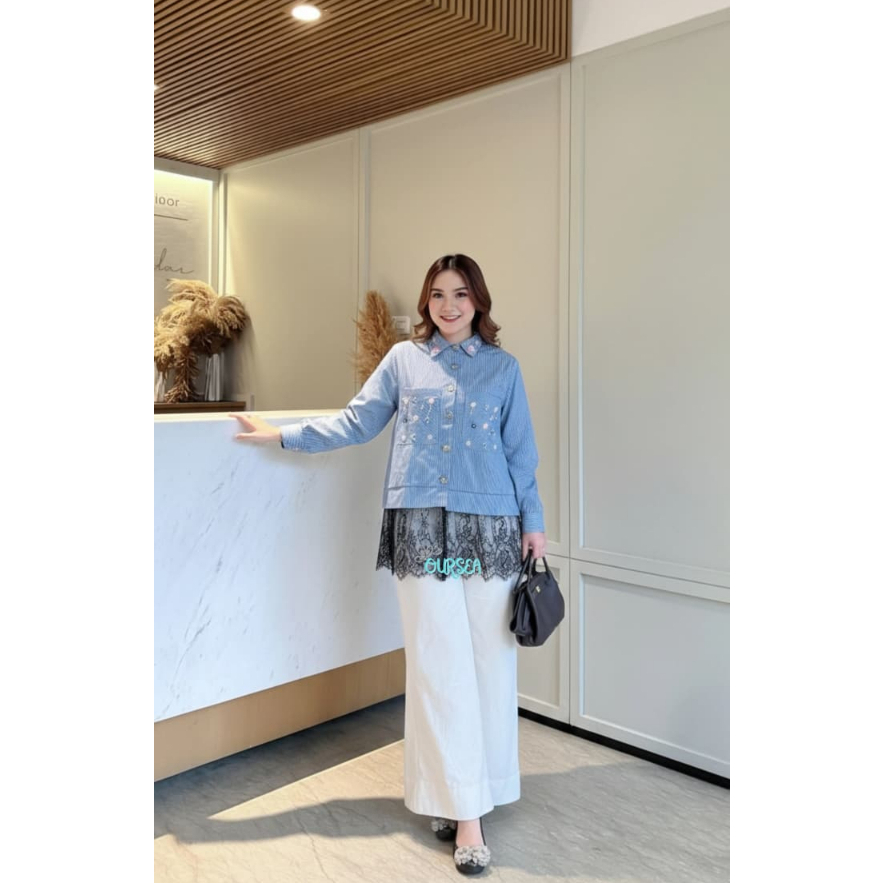 Oursea Zalika Top / Atasan Kemeja Jeans Salur Payet & Lace