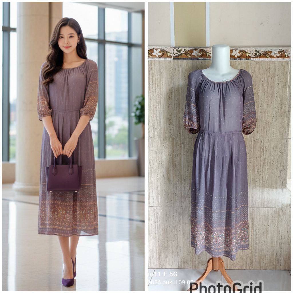 Dress lengan pendek balon ungu motif mix polos