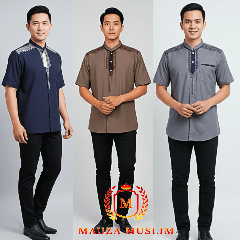 MAUZA MUSLIM Baju Koko Muslim Pria Dewasa Lengan Pendek Terbaru Motif Bordir Jahitan Rapi