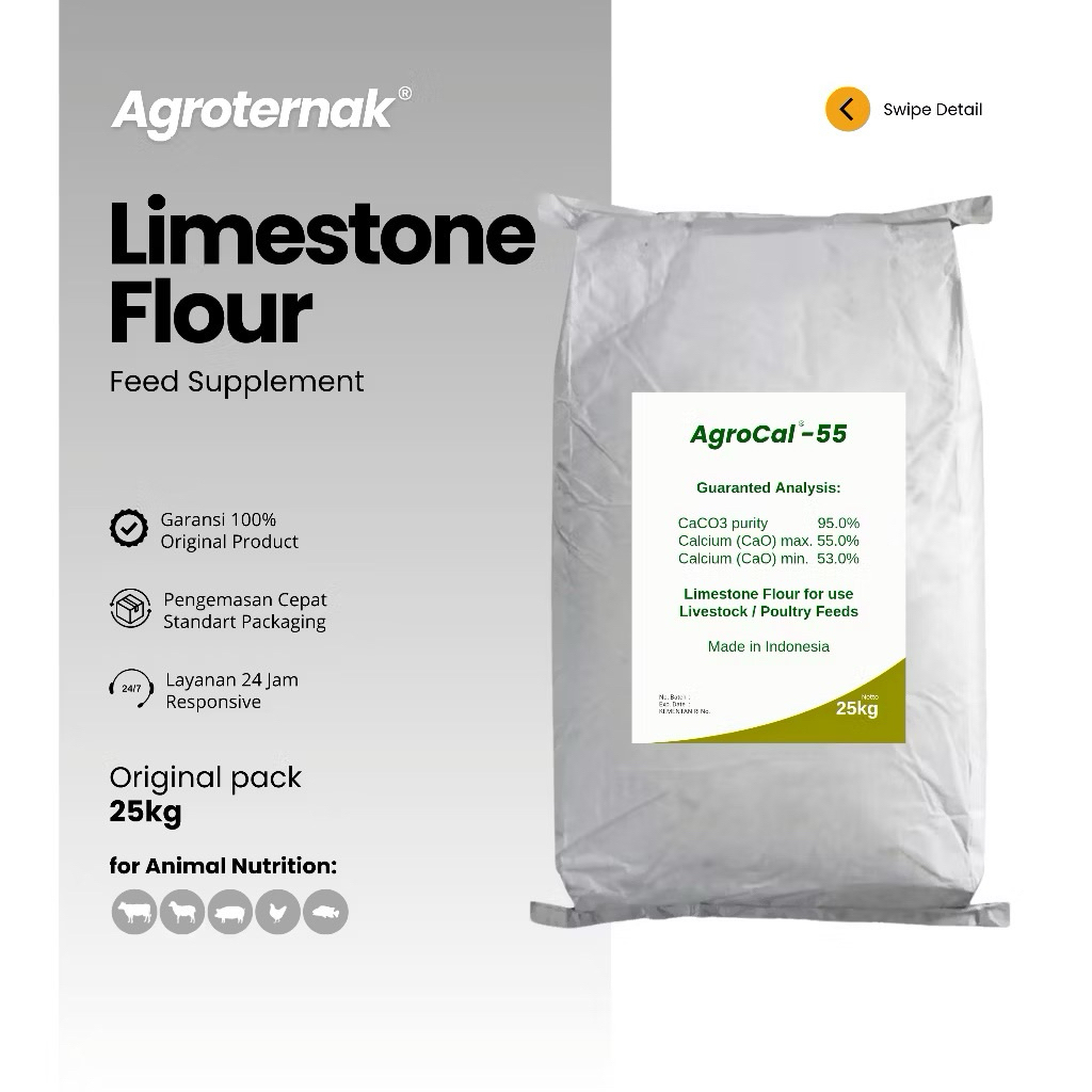 CALCIUM CARBONATE AGROCAL 55% CaCO3 25kg Mineral Makro Kalsium Karbonat Bahan Baku Premix Pakan Hewa