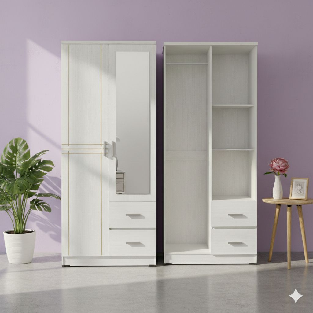 Lemari Pakaian 2 Pintu 2 Laci / Lemari Baju Putih Full Kaca 2 Pintu / Lemari Pakaian Minimalis Moder