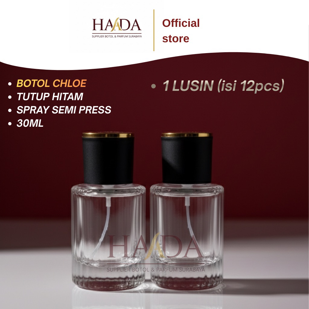 [ 1 LUSIN ] BOTOL PARFUM CHLOE 30ml - TUTUP HITAM - SEMI PRESS - BOTOL KOSONG