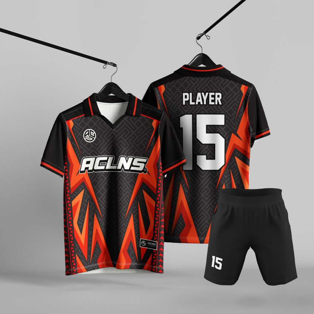 Setelan Jersey Futsal Tim Unisex Motif Abstrak Hitam Merah Kerah