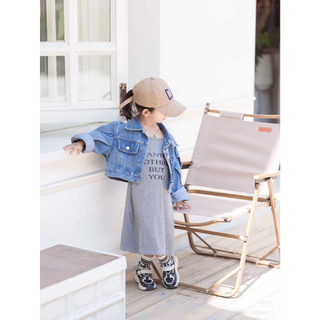 Korea Style Setelan Anak Perempuan Atasan Jaket Jeans Lengan Panjang+Dress Panjang Bahan Katun