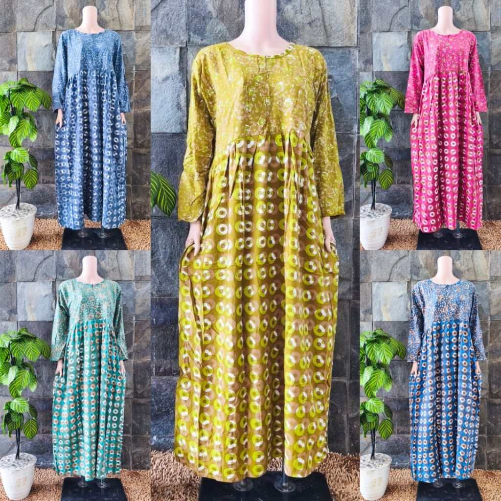 [ LD 104-112 CM ] Long Dress Batik Huza Batik Pekalongan ll  Daster Lengan Panjang Gamis Rayon Premi