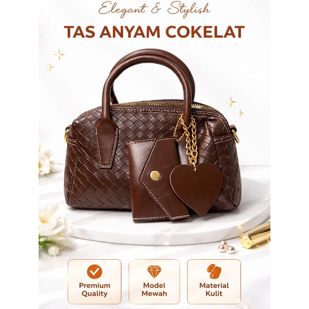 Hand Bag Wanita Anyam Elegan Bahan Leather Tebal Premium