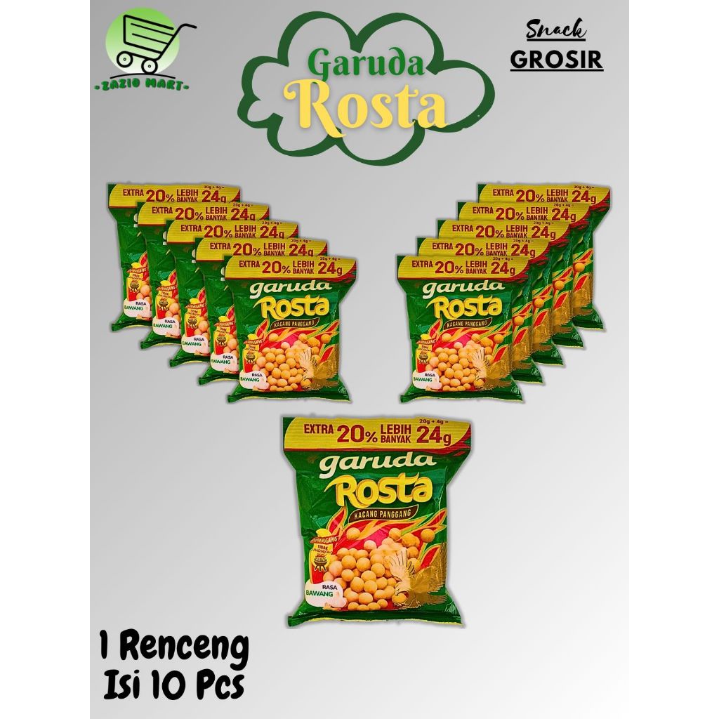 (Zazio Mart) GARUDA ROSTA SNACK KACANG PANGGANG RASA BAWANG EXTRA 20% 24gr x 10 Pcs