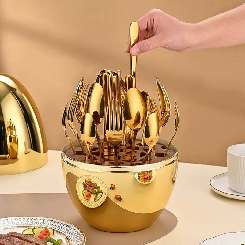 Emas Egg Cutlery 24Pcs Set Peralatan Makan Stainless Steel Sendok Garpu Pisau Warna Emas Dengan