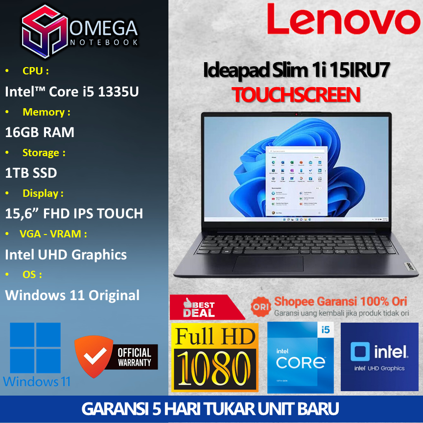 Lenovo Ideapad Slim 1i 15IRU7 TOUCH Core i5 1335U 16GB 1TB 15,6 FHD Windows 11