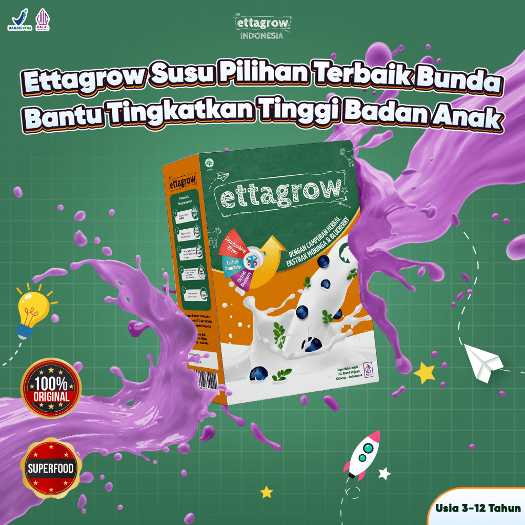 Ettagrow Susu Kambing Herbal Bantu Tinggi Badan Anak 3-12 Tahun 200g Blueberry Halal Bpom