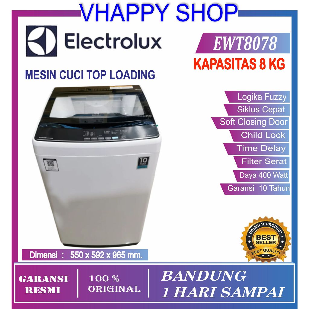 ELECTROLUX EWT-8078 MESIN CUCI 1 TABUNG 8 KG  /   EWT7078  7 KGTOP LOADING GARANSI RESMI