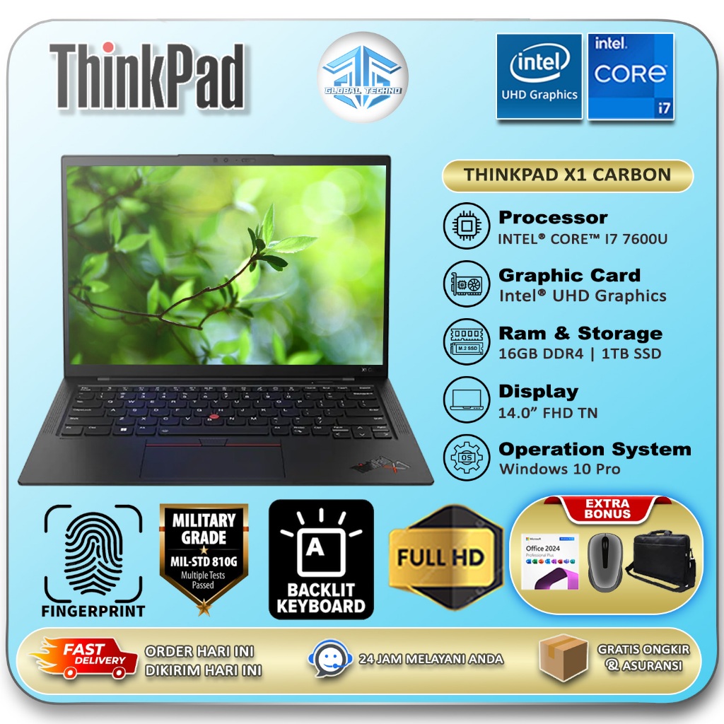 Laptop Lenovo Thinkpad X1 Carbon INTEL I7 7600U 16GB 1TB 14" FHD Windows 11 PRO BLACK