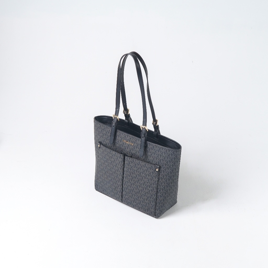 Tas MK FRONT POCKET MK MONOGRAM DARK GREY BLACK TOTE BAG 100% ORIGINAL
