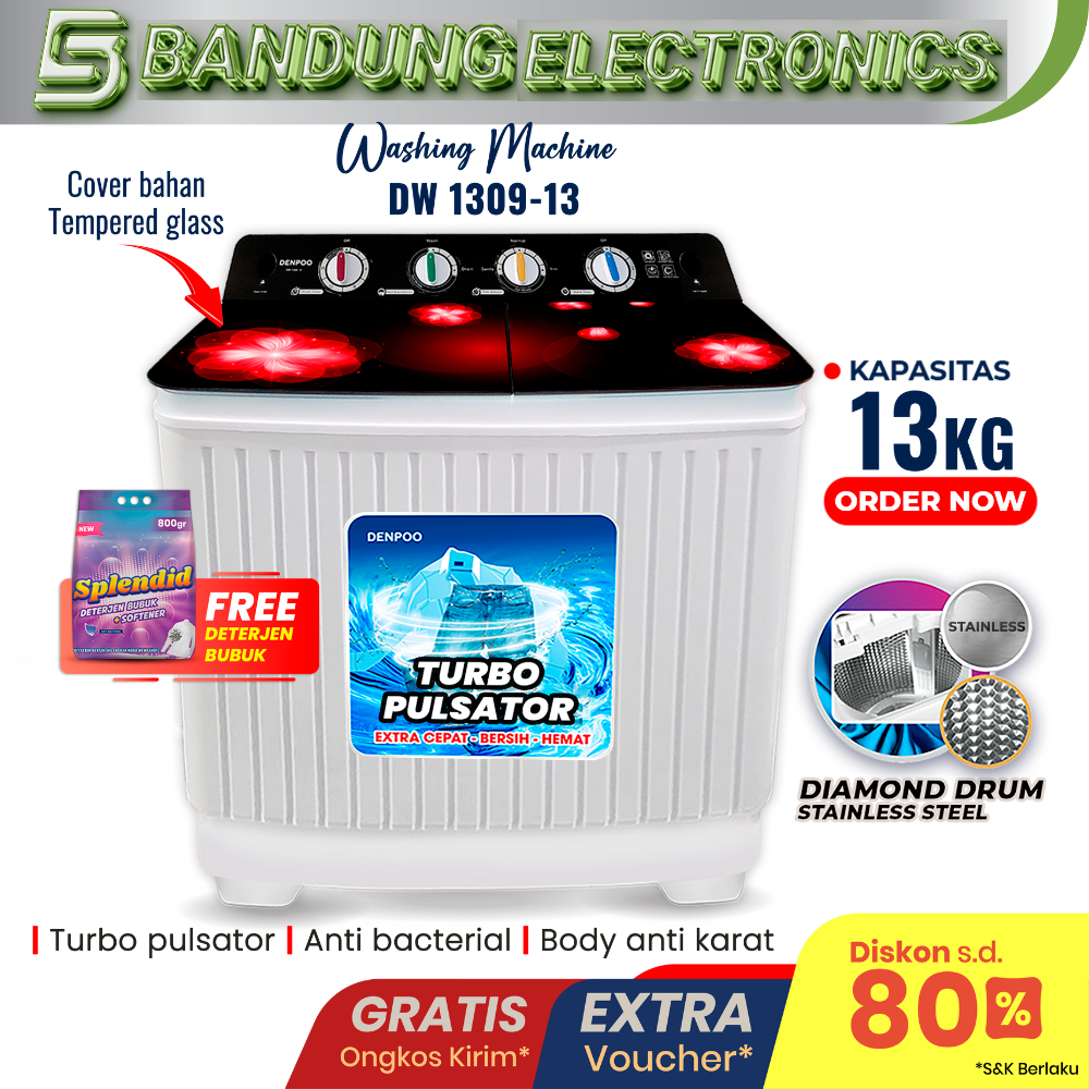 Mesin Cuci 2 Tabung 13 Kg Stainless Steel Denpoo New DW 1309H - 13 Kg Turbo Pulsator