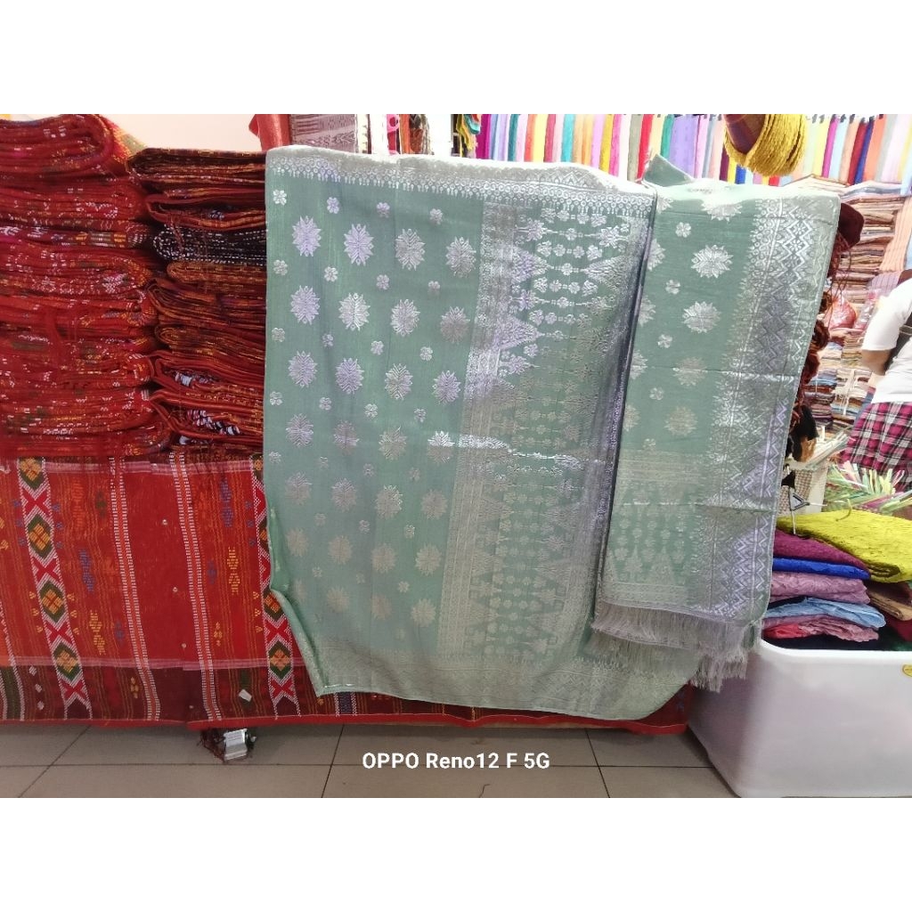 SONGKET MESIN PALEMBANG WARNA BADAN HIJAU SAGE TUMPAL SILVER HIJAU SAGE.