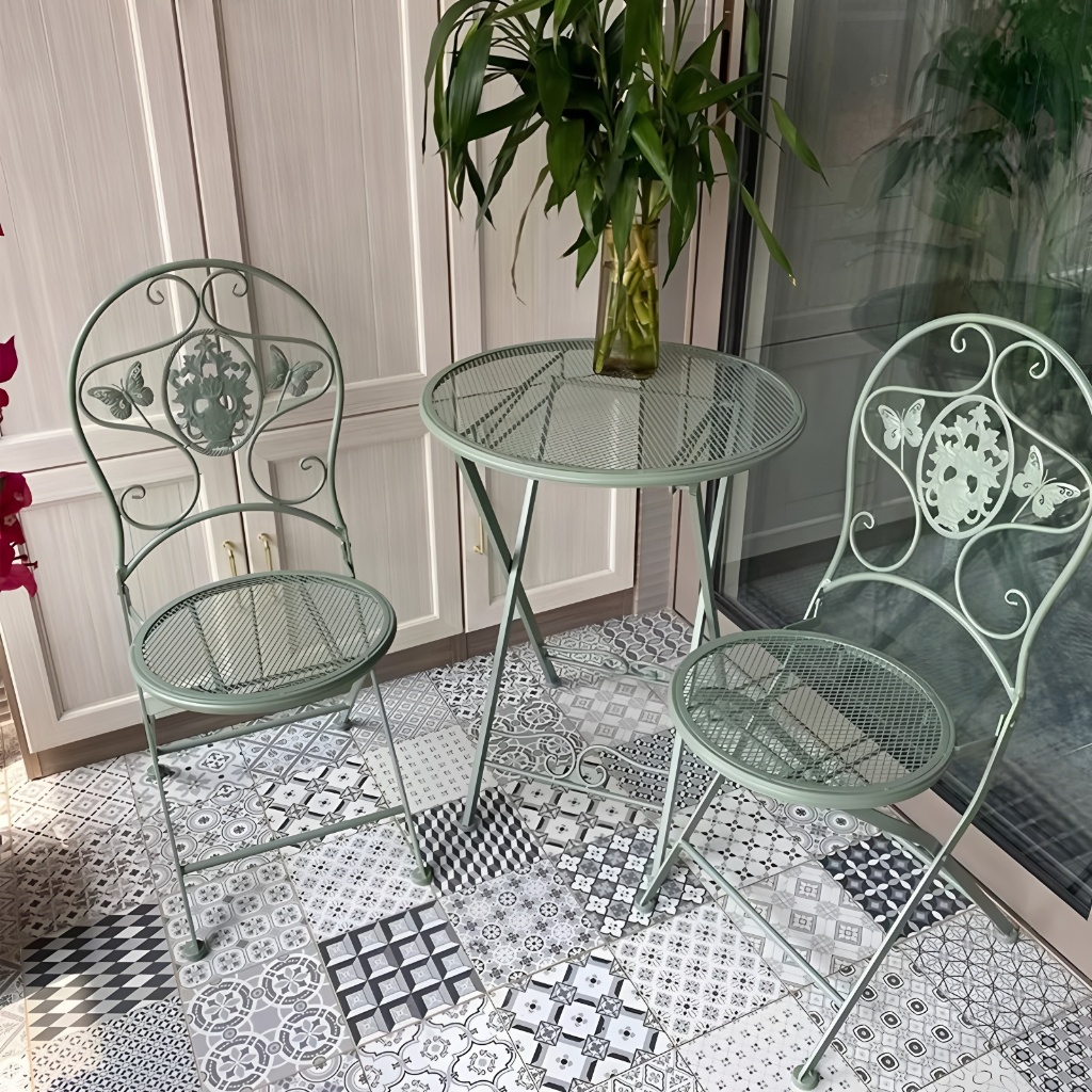 Kursi & Meja Lipat Outdoor Besi 3 Set Taman Kursi Cafe Makan Teras Taman Kursi Halaman