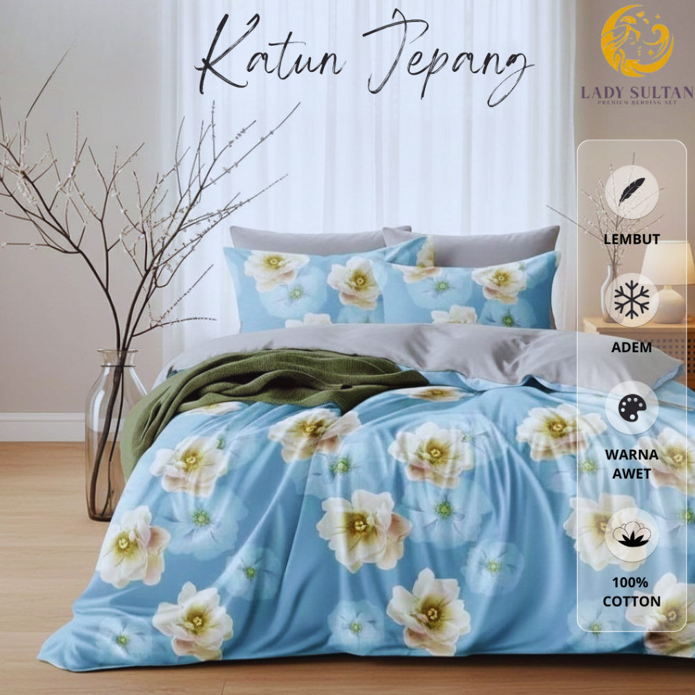 Lady Sultan Bedcover Set Katun Jepang Motif Floral Blue Bunga Biru | Adem Premium